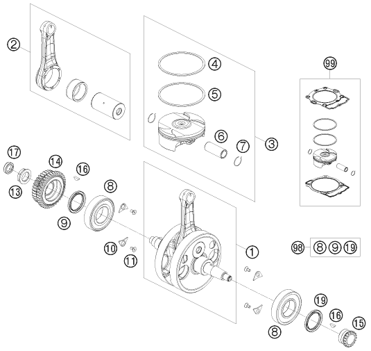 Sprängskiss: Crankshaft, Piston – KTM 530 EXC 2009