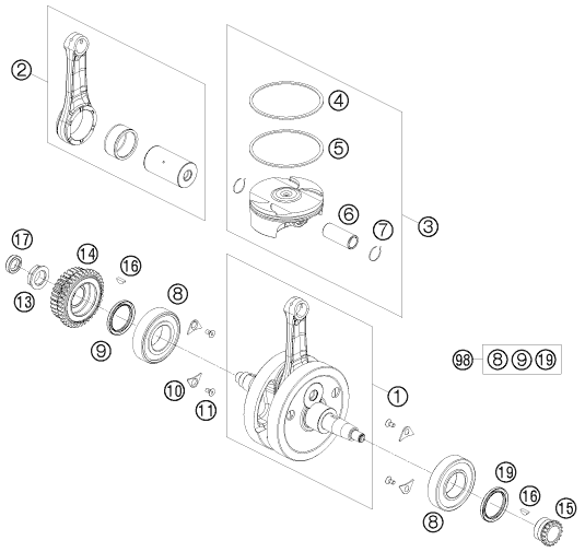 Sprängskiss: Crankshaft, Piston – KTM 400 EXC 2011