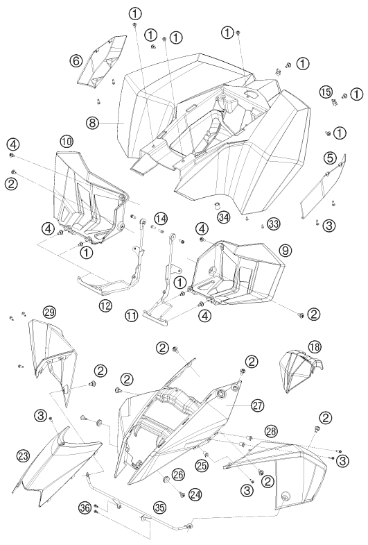 Sprängskiss: Mask, Fenders – KTM 525 XC ATV 2009