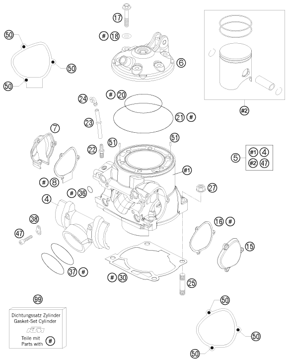 Sprängskiss: Cylinder, Cylinder Head – KTM 250 EXC SIX-DAYS 2014