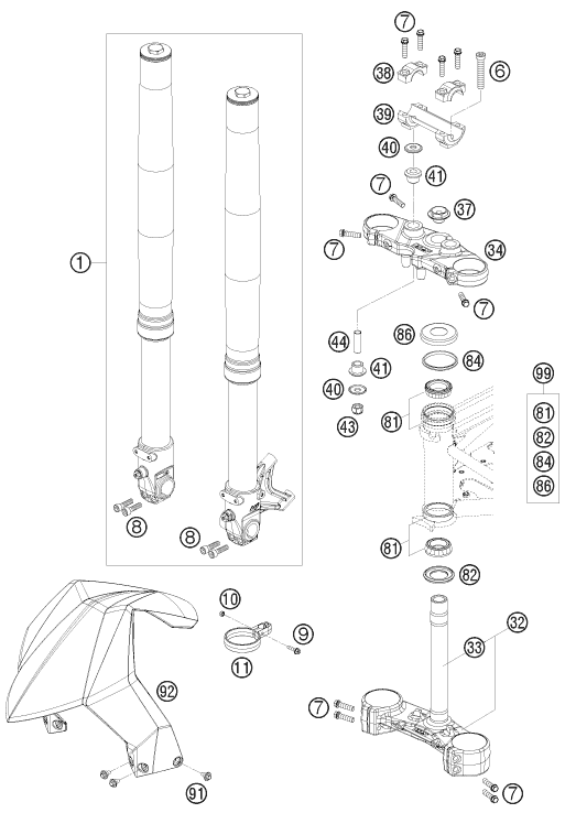 Sprängskiss: Front Fork, Triple Clamp – KTM 690 DUKE R 2010