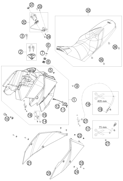 Sprängskiss: Tank, Seat – KTM 690 DUKE R 2010
