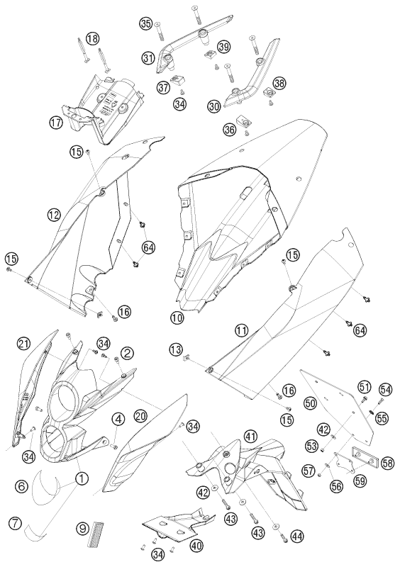 Sprängskiss: Mask, Fenders – KTM 690 DUKE R 2010