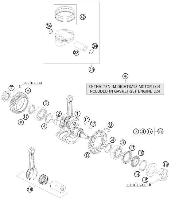 Sprängskiss: Crankshaft, Piston – KTM 690 DUKE R 2010