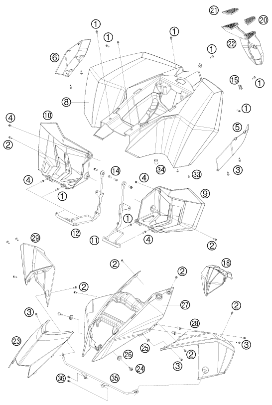 Sprängskiss: Mask, Fenders – KTM 525 XC ATV 2010