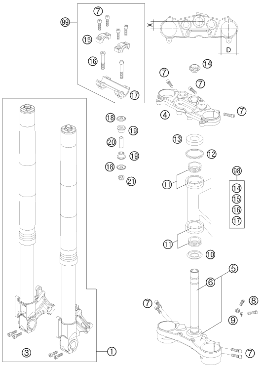 Sprängskiss: Front Fork, Triple Clamp – KTM 990 SUPER DUKE BLACK 2011