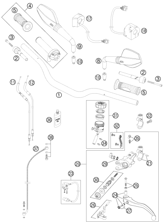 Sprängskiss: Handlebar, Controls – KTM 990 SUPER DUKE BLACK 2011