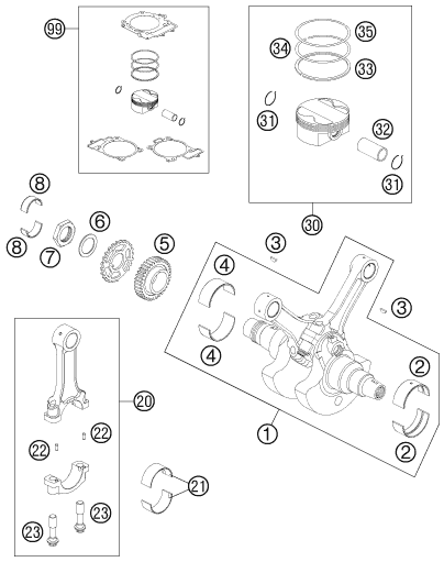 Sprängskiss: Crankshaft, Piston – KTM 990 SUPER DUKE BLACK 2011