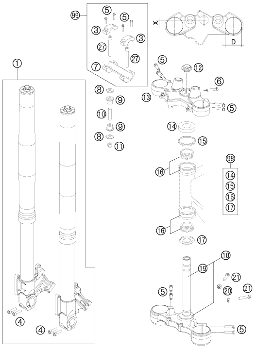 Sprängskiss: Front Fork, Triple Clamp – KTM 990 Supermoto R 2011