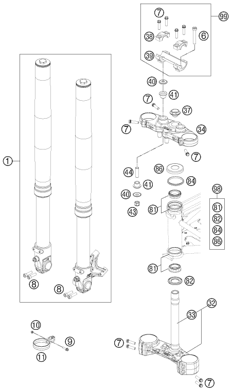 Sprängskiss: Front Fork, Triple Clamp – KTM 690 DUKE R 2011
