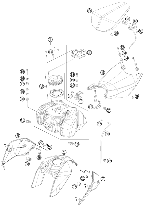 Sprängskiss: Tank, Seat – KTM 125 DUKE 2011