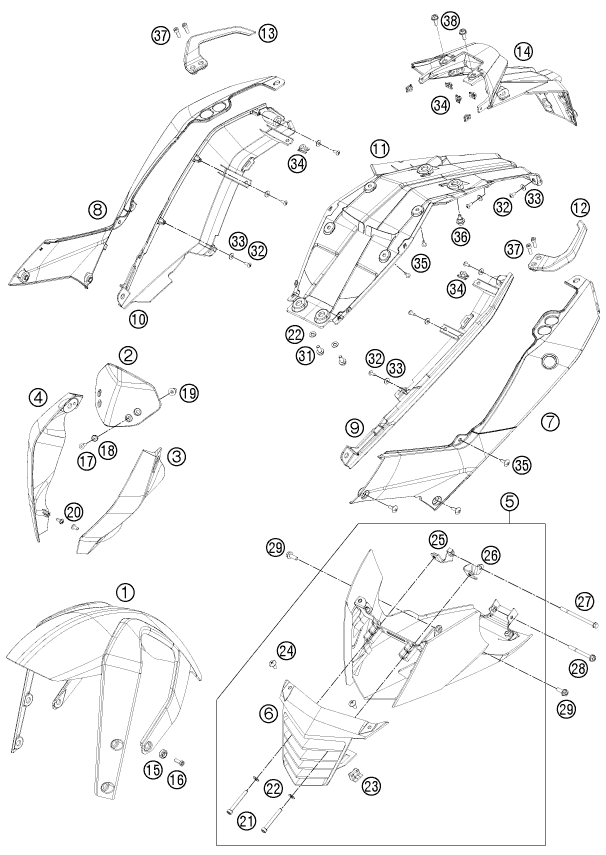 Sprängskiss: Mask, Fenders – KTM 125 DUKE 2011