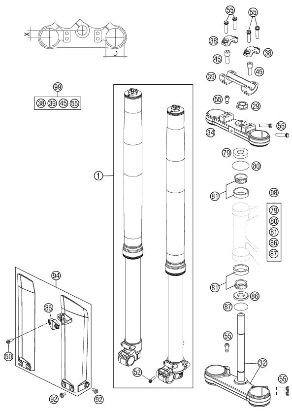 Sprängskiss: Front Fork, Triple Clamp – KTM 85 SX 17/14 2012