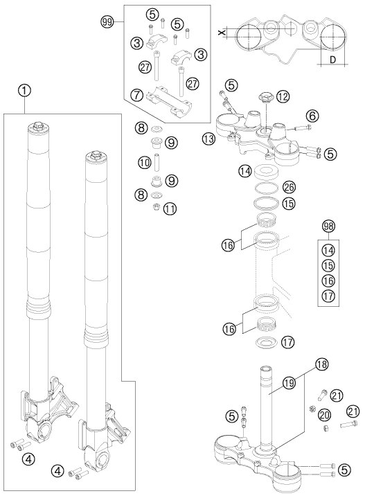 Sprängskiss: Front Fork, Triple Clamp – KTM 990 SUPERMOTO R 2012
