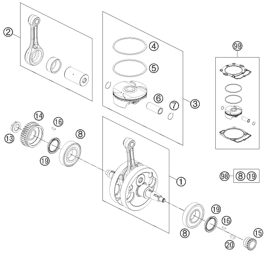 Sprängskiss: Crankshaft, Piston – KTM 450 EXC 2012