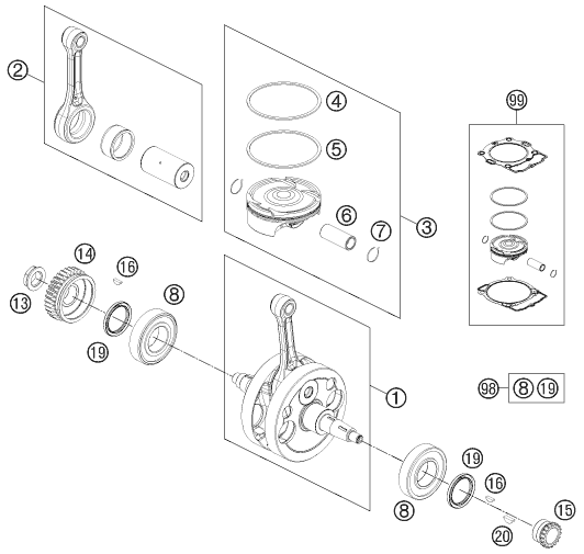 Sprängskiss: Crankshaft, Piston – KTM 500 XC-W 2012