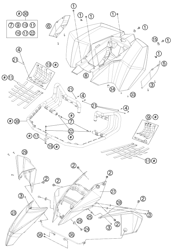 Sprängskiss: Mask, Fenders – KTM 505 SX ATV 2012