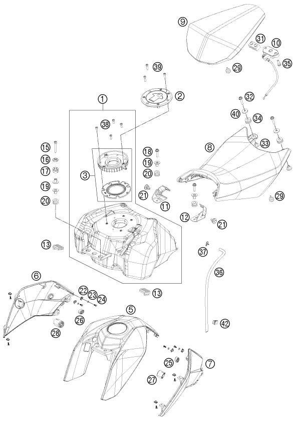Sprängskiss: Tank, Seat – KTM 200 DUKE ORANGE CKD 2012
