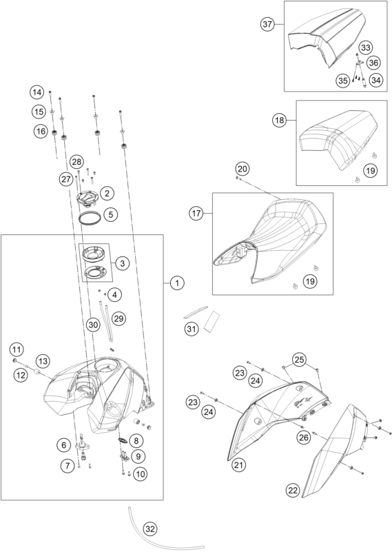 Sprängskiss: Tank, Seat – KTM 690 DUKE R ABS 2013