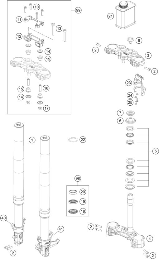 Sprängskiss: Front Fork, Triple Clamp – KTM 390 DUKE BL. ABS B.D. 15