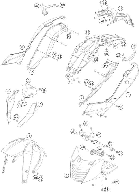 Sprängskiss: Mask, Fenders – KTM 390 DUKE BLACK ABS 2014