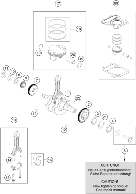 Sprängskiss: Crankshaft, Piston – KTM 390 DUKE BLACK ABS 2014