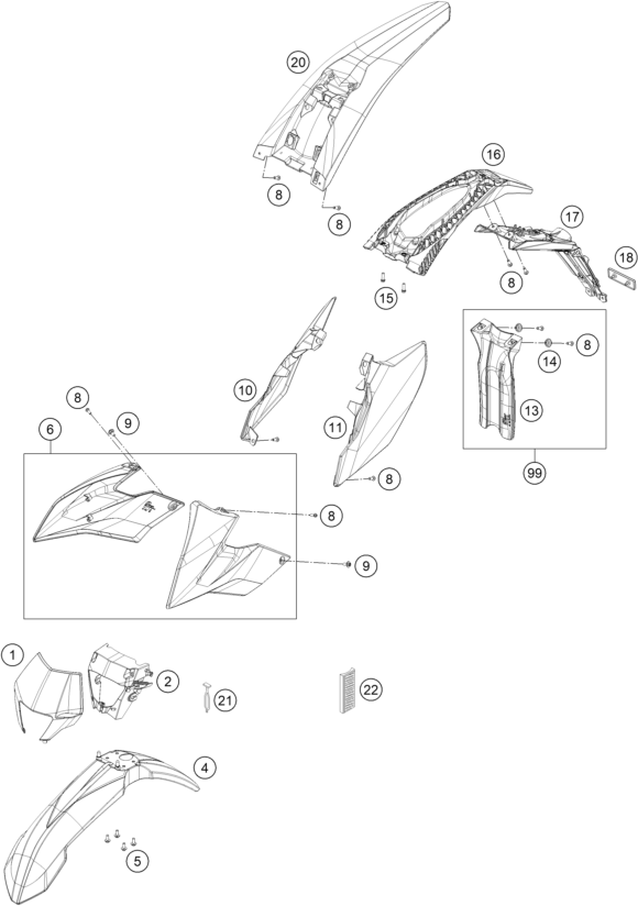 Sprängskiss: Mask, Fenders – KTM FREERIDE 250 R 2015