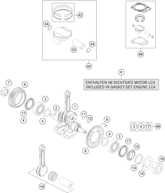 Sprängskiss: Crankshaft, Piston – KTM 690 DUKE WHITE ABS 2015
