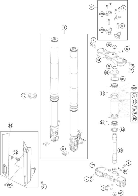 Sprängskiss: Front Fork, Triple Clamp – KTM 690 SMC R ABS 2014