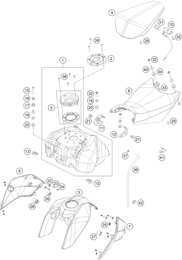 Sprängskiss: Tank, Seat – KTM 390 DUKE BLACK ABS 2014