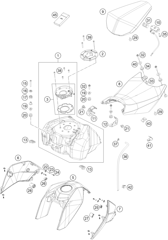 Sprängskiss: Tank, Seat – KTM 390 DUKE BL. ABS B.D. 16