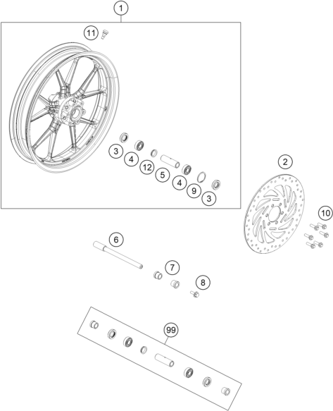 Sprängskiss: Front Wheel – KTM RC 200, white w/o ABS - CKD 2018