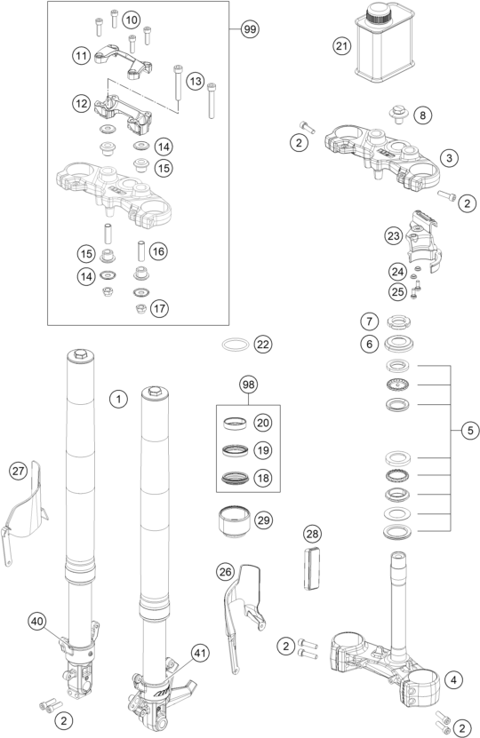 Sprängskiss: Front Fork, Triple Clamp – KTM 390 DUKE BL. ABS CKD 15