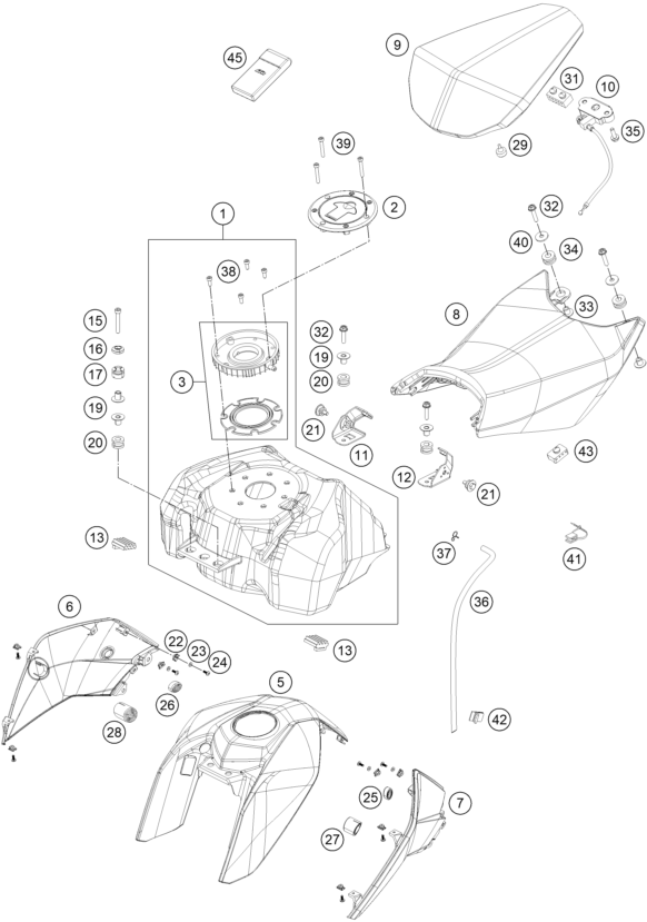 Sprängskiss: Tank, Seat – KTM 390 DUKE BL. ABS B.D. 15