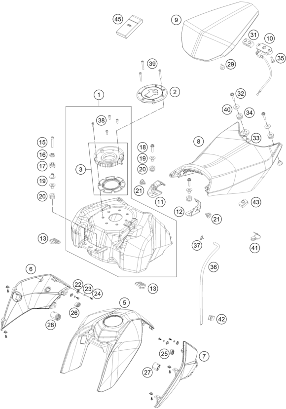 Sprängskiss: Tank, Seat – KTM 125 DUKE ORANGE ABS 2015