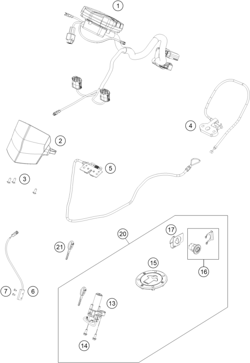 Sprängskiss: Instruments / Lock System – KTM RC 200, white w/o ABS - CKD 2018
