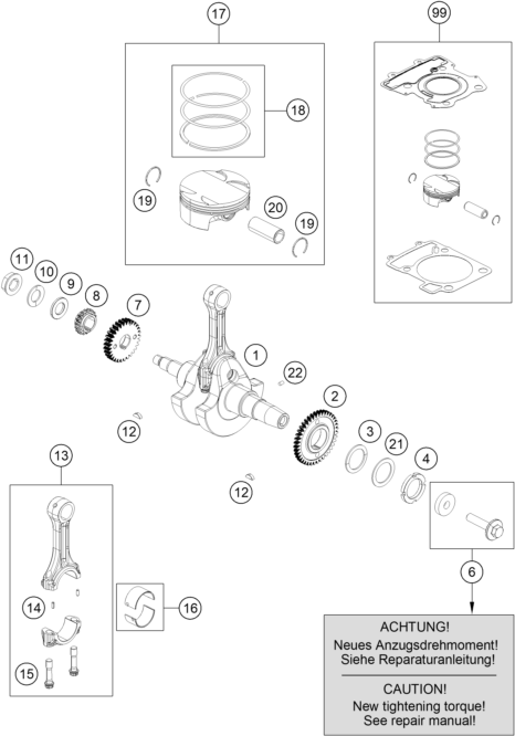 Sprängskiss: Crankshaft, Piston – KTM 250 Duke, white 2019