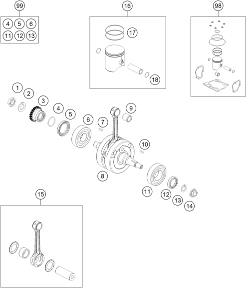 Sprängskiss: Crankshaft, Piston – KTM 150 EXC TPI 2020