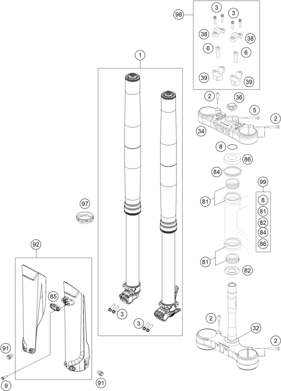 Sprängskiss: Front Fork, Triple Clamp – KTM 300 EXC CKD 2016