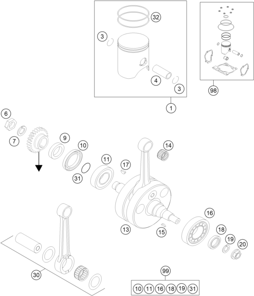 Sprängskiss: Crankshaft, Piston – KTM 300 XC-W 2016