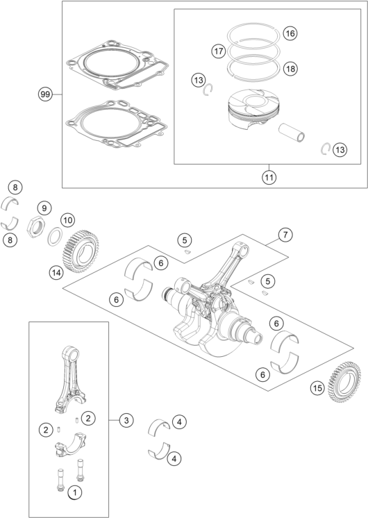 Sprängskiss: Crankshaft, Piston – KTM KTMR2R 1290 SUPER DUKE GT, orange 2022