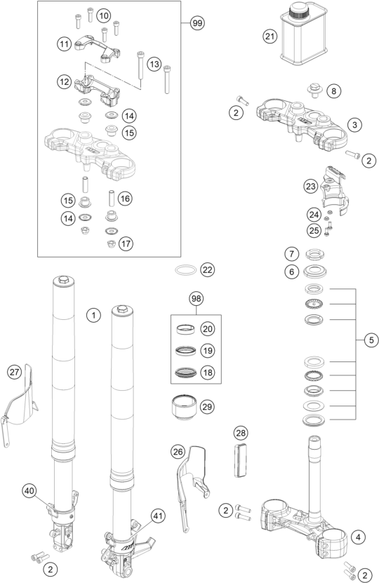 Sprängskiss: Front Fork, Triple Clamp – KTM 390 DUKE WHITE ABS CKD 2016