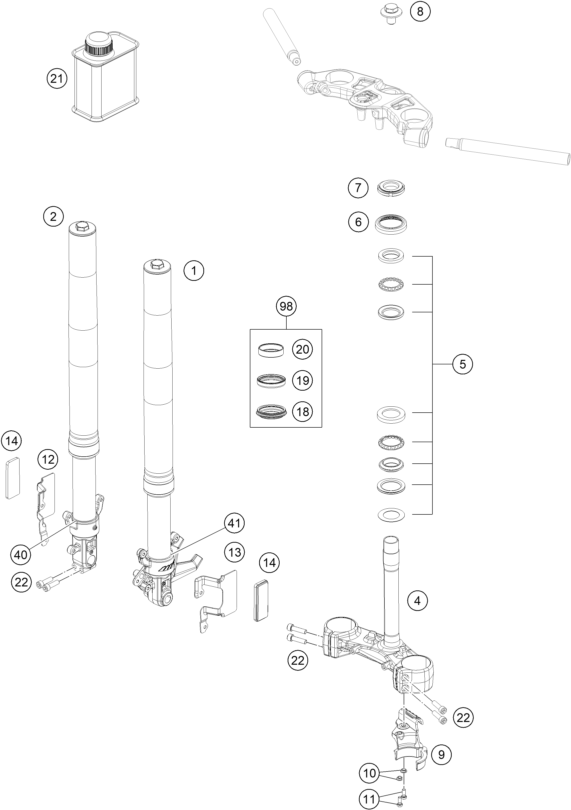 Sprängskiss: Front Fork, Triple Clamp – KTM RC 390, white - B.D. 2020