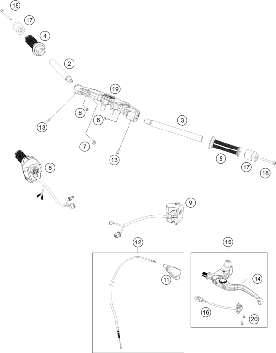 Sprängskiss: Handlebar, Controls – KTM RC 390, white - B.D. 2020