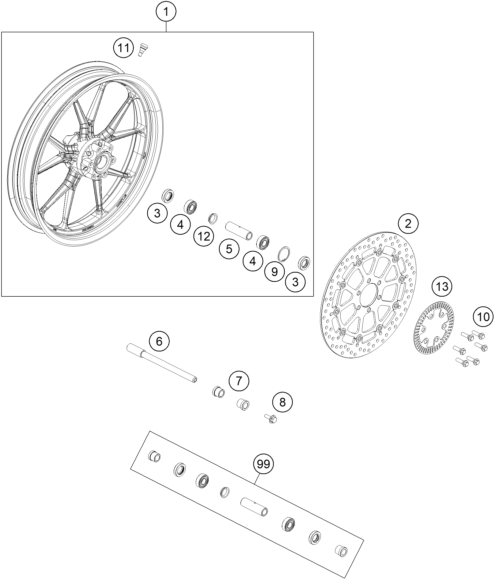 Sprängskiss: Front Wheel – KTM RC 390, white - B.D. 2020