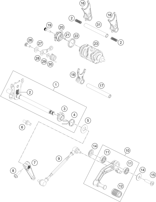 Sprängskiss: Shifting Mechanism – KTM RC 390, white - B.D. 2020