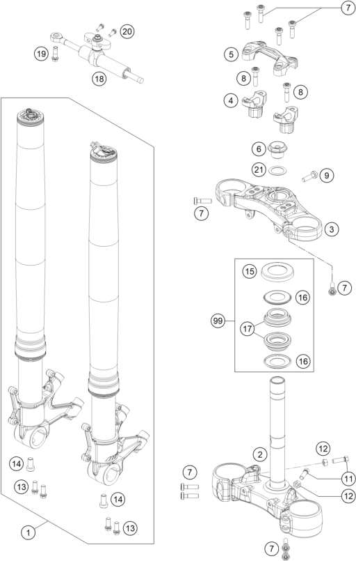 Sprängskiss: Front Fork, Triple Clamp – KTM KTMR2R 1290 SUPER DUKE GT, orange 2022