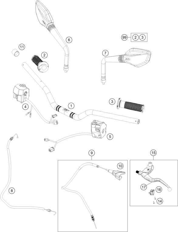 Sprängskiss: Handlebar, Controls – KTM 200 DUKE, blue, w/o ABS - B.D. 2026