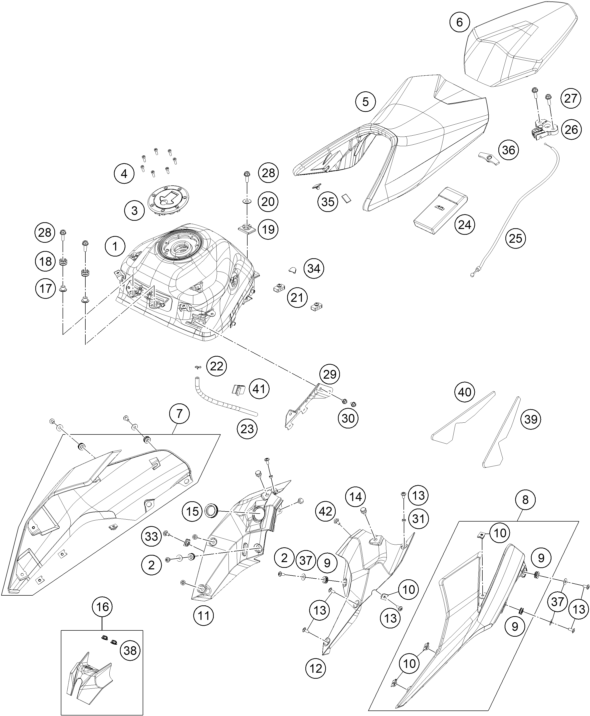 Sprängskiss: Tank, Seat – KTM 250 Duke, white - B.D. 17