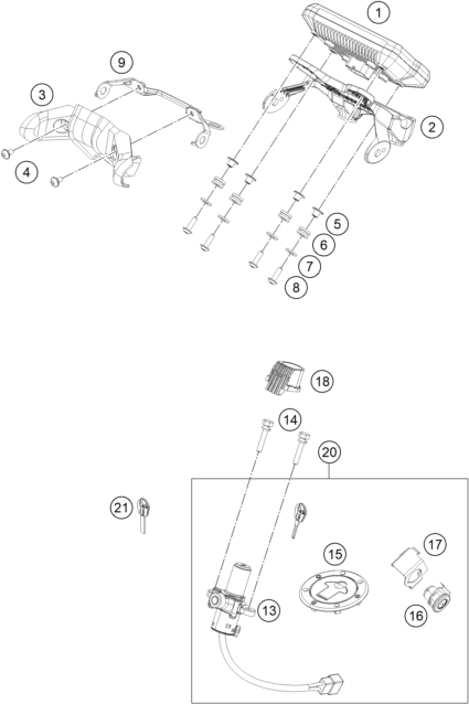 Sprängskiss: Instruments / Lock System – KTM 390 Duke, orange 2018